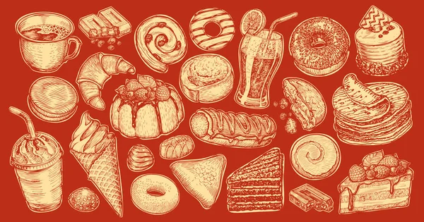 Süßes Dessert Set Vorhanden Handgezeichnete Sammlung Von Speisen Und Getränken — Stockvektor