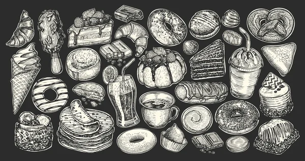 食物和饮料粉笔画在黑板上 咖啡店或餐馆菜单的收藏草图 甜食概念 — 图库矢量图片