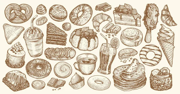Koleksi Tangan Digambar Makanan Penutup Manis Sketsa Makanan Dan Minuman - Stok Vektor