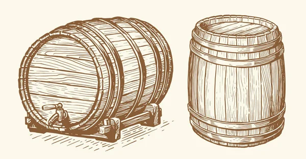 アルコールを保存するための樽または木製の樽 手描きのスケッチベクトル図ヴィンテージ彫刻スタイル — ストックベクタ
