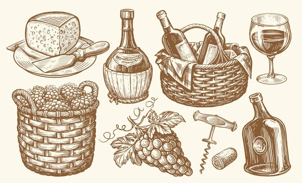 ワイングラス ボトル ブドウの束 コルク抜き チーズスケッチ ワイナリー ブドウ畑の概念 ヴィンテージベクトルイラスト — ストックベクタ