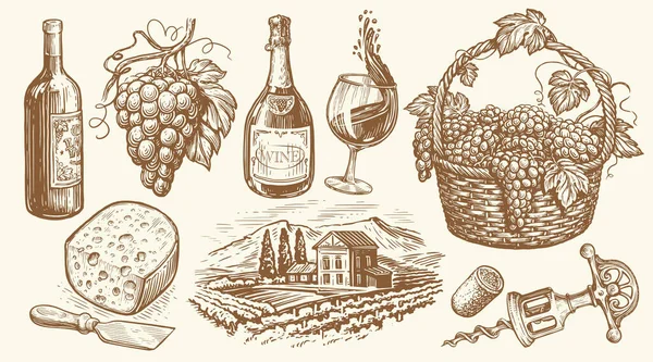 Eine Flasche Wein Weinrebe Weinberg Korkenzieher Trauben Korb Käse Weingut — Stockvektor