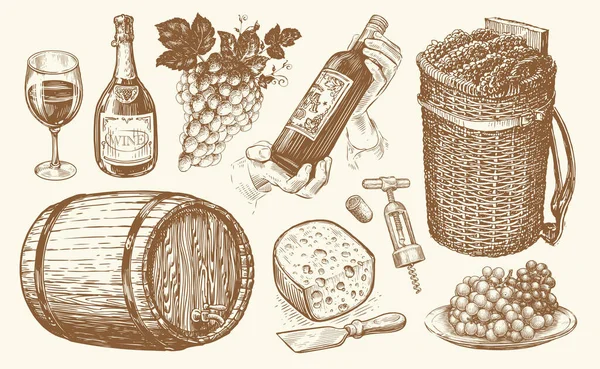 Conjunto Vintage Concepto Vino Botella Vid Viñedo Sacacorchos Racimos Uvas — Archivo Imágenes Vectoriales
