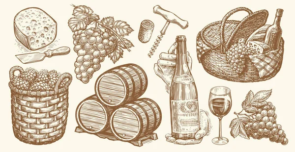 Weinberg Konzept Jahrgangsset Flaschenwein Weinreben Fässer Korkenzieher Trauben Käse Weingut — Stockvektor