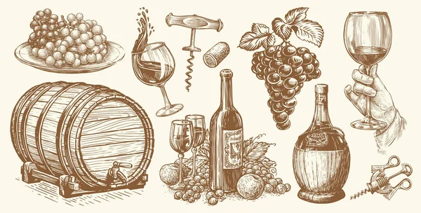 Bottle Wine Grapevine Wooden Barrel Corkscrew Bunches Grapes Vineyard Concept — Stock Vector