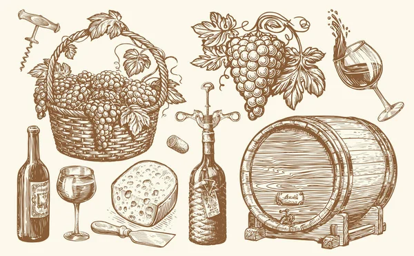 Viticultuur Schets Set Wijndrinkconcept Vat Wijnglas Fles Mand Met Druiven — Stockvector