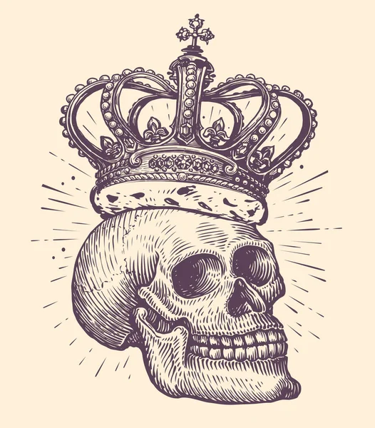 王冠を持つ人間の頭蓋骨 ヴィンテージ彫刻スタイルで手描きスケッチ タトゥーベクトルイラスト — ストックベクタ