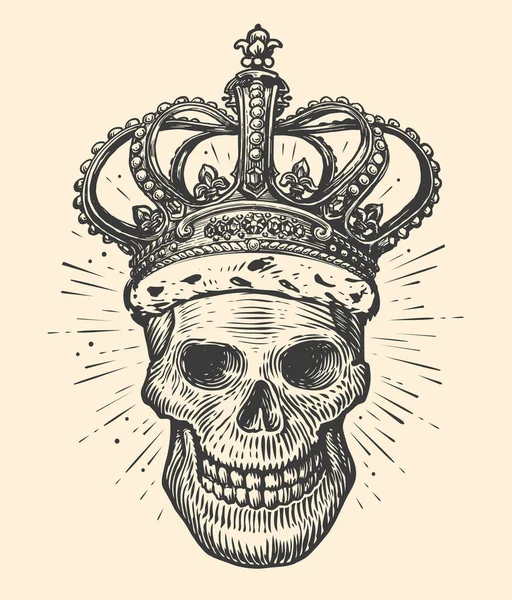 Menselijke Schedel Met Koningskroon Handgetekende Schets Vintage Graveerstijl Tattoo Vector — Stockvector