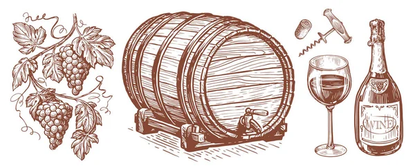 ワインセット ブドウ栽培の概念 レストランのメニューのための手描きスケッチのコレクション ヴィンテージベクトルイラスト — ストックベクタ