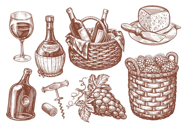 ワインセット ブドウ栽培の概念 レストランのメニューのための手描きスケッチのコレクション ヴィンテージイラスト — ストック写真