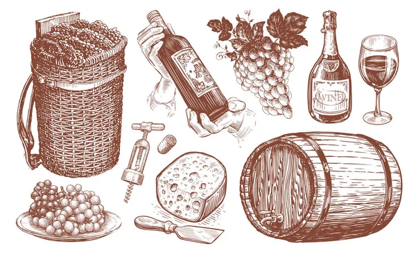 ワインセット ブドウ栽培のコンセプトヴィンテージイラスト 手描きのスケッチ集 — ストック写真