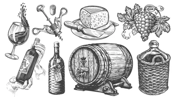 Wine Collection Viticulture Concept Vintage Illustration Set Hand Drawn Sketches — Stock Photo, Image