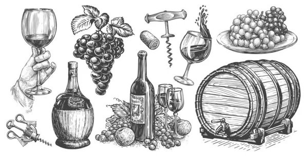 Έννοια Κρασιού Σετ Αμπελοκαλλιέργειας Συλλογή Από Ζωγραφισμένα Στο Χέρι Σκίτσα — Φωτογραφία Αρχείου