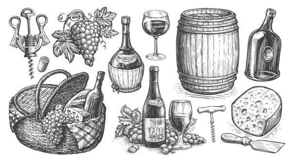酒的概念 古董画 园艺产品集 为餐厅菜单收集手绘草图 — 图库照片