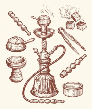 Shisha ve aksesuar skeci. Nargile, kaloud, maşa, kömür, tütün. El çizimi vintage vektör illüstrasyonu