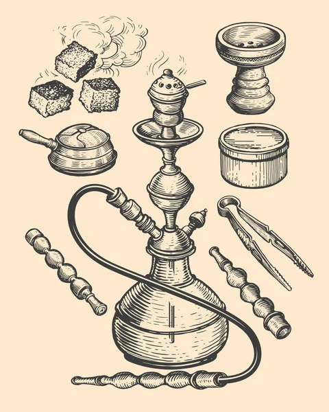 Narghilè Accessori Schizzo Shisha Tabacco Pinze Carbone Illustrazione Vettoriale Vintage — Vettoriale Stock