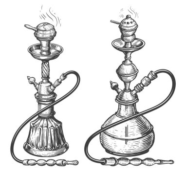 Nargile koleksiyonu çizimi izole edildi. Tütün içme ekipmanı seti. El çizimi klasik illüstrasyon