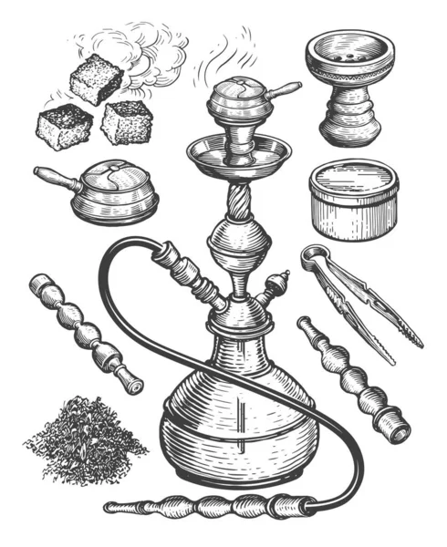 Gancho Fumar Oriental Conjunto Acessórios Nargila Desenhada Mão Esboço Shisha — Fotografia de Stock