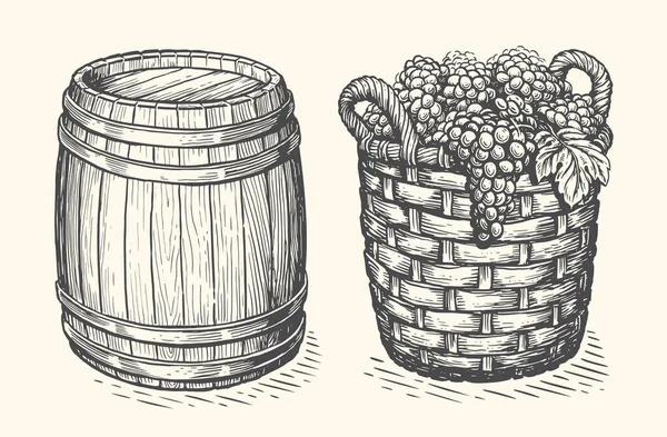 Basket Full Grapes Freshly Picked Vineyard Wooden Wine Barrel Winery — Stock Vector