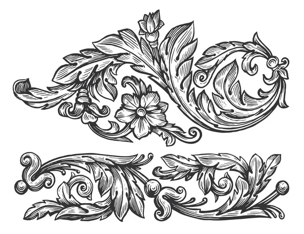 花型花型 花朵为老式雕刻风格 用于设计的一组装饰元素 素描矢量 — 图库矢量图片