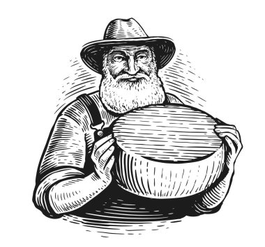 Çiftçinin elinde koca bir peynir kafası var. Süt çiftliği konsepti. Süt, doğal organik gıda. Vintage vektör illüstrasyonu