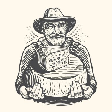 Elinde organik peynirle kıdemli çiftçi. Süt ürünleri endüstrisi. İnek sağma çiftliği eko işi. Sağlıklı beslenme