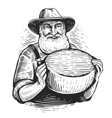 Elinde peynir olan bir çiftçi. Organik süt ürünleri endüstrisi. İnek sağma çiftliği eko işi. Sağlıklı beslenme