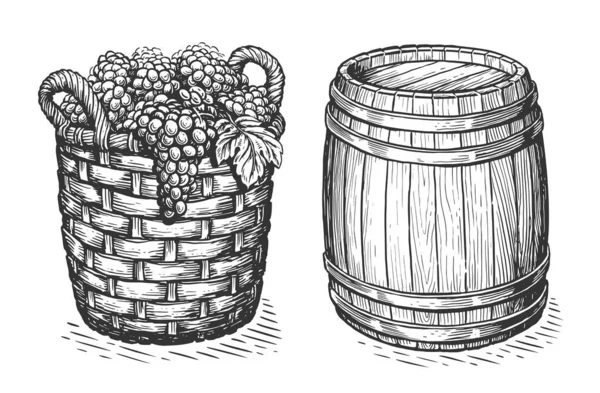 Weidenkorb Voller Trauben Hölzernes Weinfass Vintage Stil Illustration Weingut Jahrgangsskizze — Stockfoto