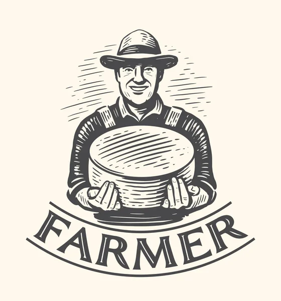 Elinde Peynir Olan Bir Çiftçi Süt Çiftliği Logosu Süt Doğal — Stok Vektör
