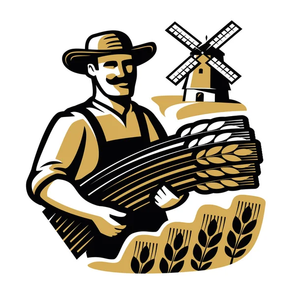 Contadino Con Mazzo Grano Logo Della Farina Pane Agricoltura Fattoria — Vettoriale Stock