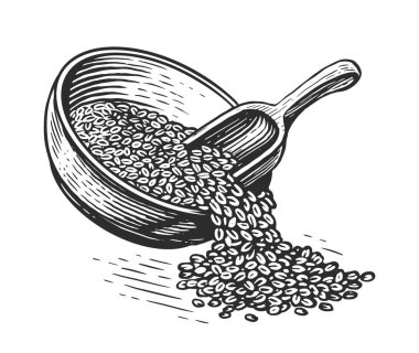 Bir tabak tahıl ve kepçe. Çiftlik organik mısır gevreği veya ekmek unu. Tarım skeci vintage vektör illüstrasyonu