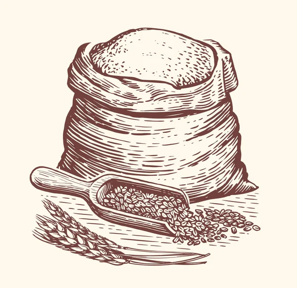 一袋面粉 健康的有机天然农场食品 古埃及草图矢量 — 图库矢量图片