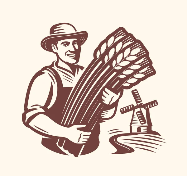 Farmer Wheat Field Mill Emblem Agriculture Windmill Logo Healthy Organic — Stock Vector