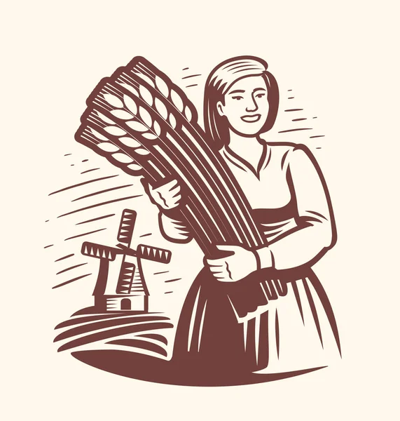 Girl Young Woman Farmer Wheat Field Mill Emblem Agriculture Windmill — Stock Vector