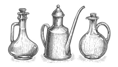 Beyaz zemin üzerinde ekstra saf zeytinyağı bulunan kavanoz ve şişe seti. Oymalı eskiz klasik illüstrasyon