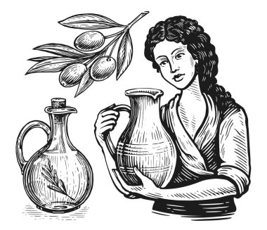 Zeytinyağı konsepti. Ekstra bakire, sağlıklı organik çiftlik yiyeceği. Klasik oymacılık tarzında çizim çizimi