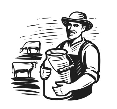 Mutlu çiftçi elinde süt kutusuyla çayırda otlayan ineklerin yanında duruyor. Mandıra amblemi ya da logosu. Vektör illüstrasyonu