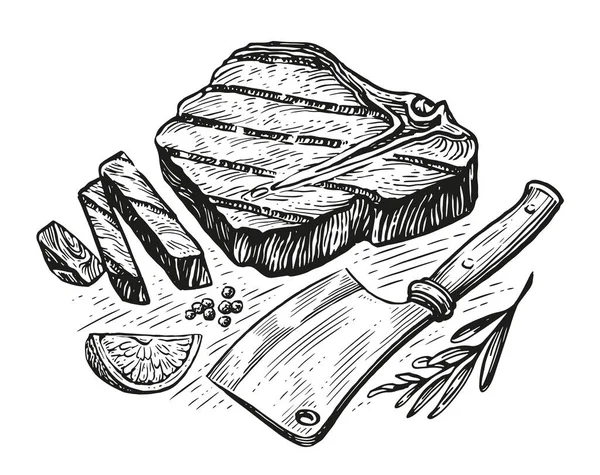 Bife Vitela Grelhado Fatiado Cutelo Carne Açougueiro Cozinhar Conceito Comida — Vetor de Stock