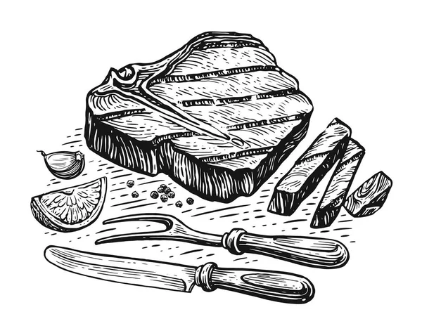 Hand Drawn Beef Steak Grilled Sketch Style Roast Meat Grill — Vetor de Stock