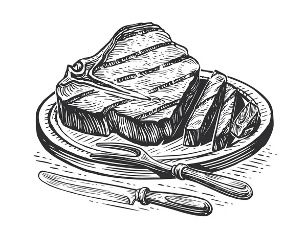 Grilled Beef Steak Tenderloin Knife Fork Wooden Cutting Board Grill — Vetor de Stock