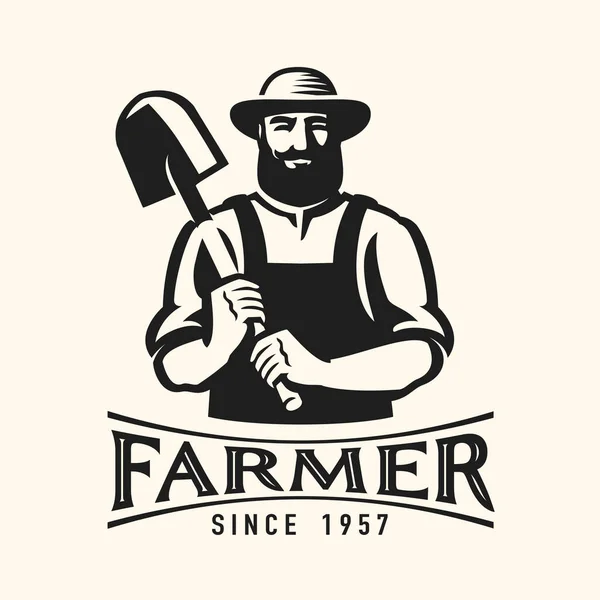 Farmář Drží Lopatu Černý Znak Zemědělství Farma Pěstování Bio Potravin — Stockový vektor