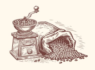 Coffee grinder and bag of coffee beans. Drink concept. Engraved hand drawn sketch vintage vector illustration