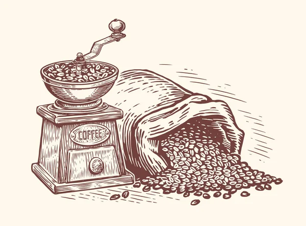 Coffee Grinder Bag Coffee Beans Drink Concept Engraved Hand Drawn — Archivo Imágenes Vectoriales