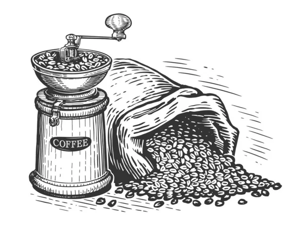 コーヒーグラインダーとコーヒー豆の袋 飲み物の概念 手描きのスケッチヴィンテージイラスト — ストック写真