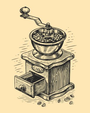 Hand drawn old wooden coffee grinder with coffee drawer. Sketch vintage vector illustration