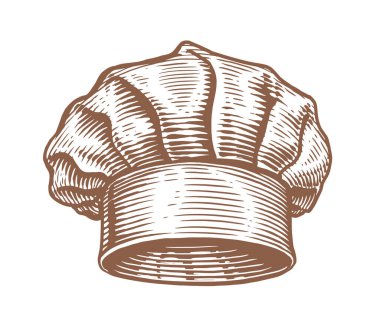 White chef hat, sketch. Food concept. Design for restaurant or cafe menu. Engraved hand drawn vector illustration