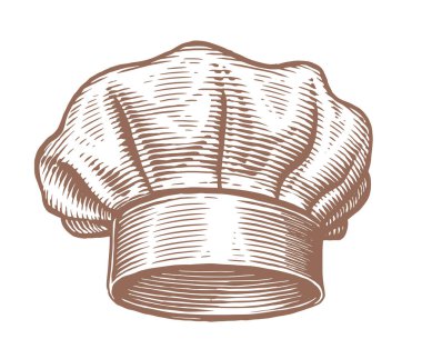 Chef hat, cook cap sketch style. Food concept. Design for restaurant or cafe menu. Engraved vector illustration