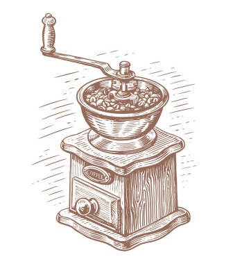Manual coffee grinder for grinding coffee beans. Hand drawn old retro wooden coffee mill in vintage engraving style