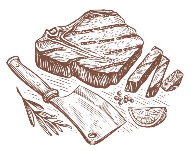 Grilled beef steak tenderloin and knife cleaver. Grill food, engraved sketch illustration