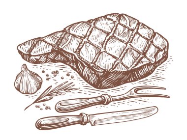 Sketch hand drawn grilled bull steak with with fork and knife. Grilled food, fried meat illustration